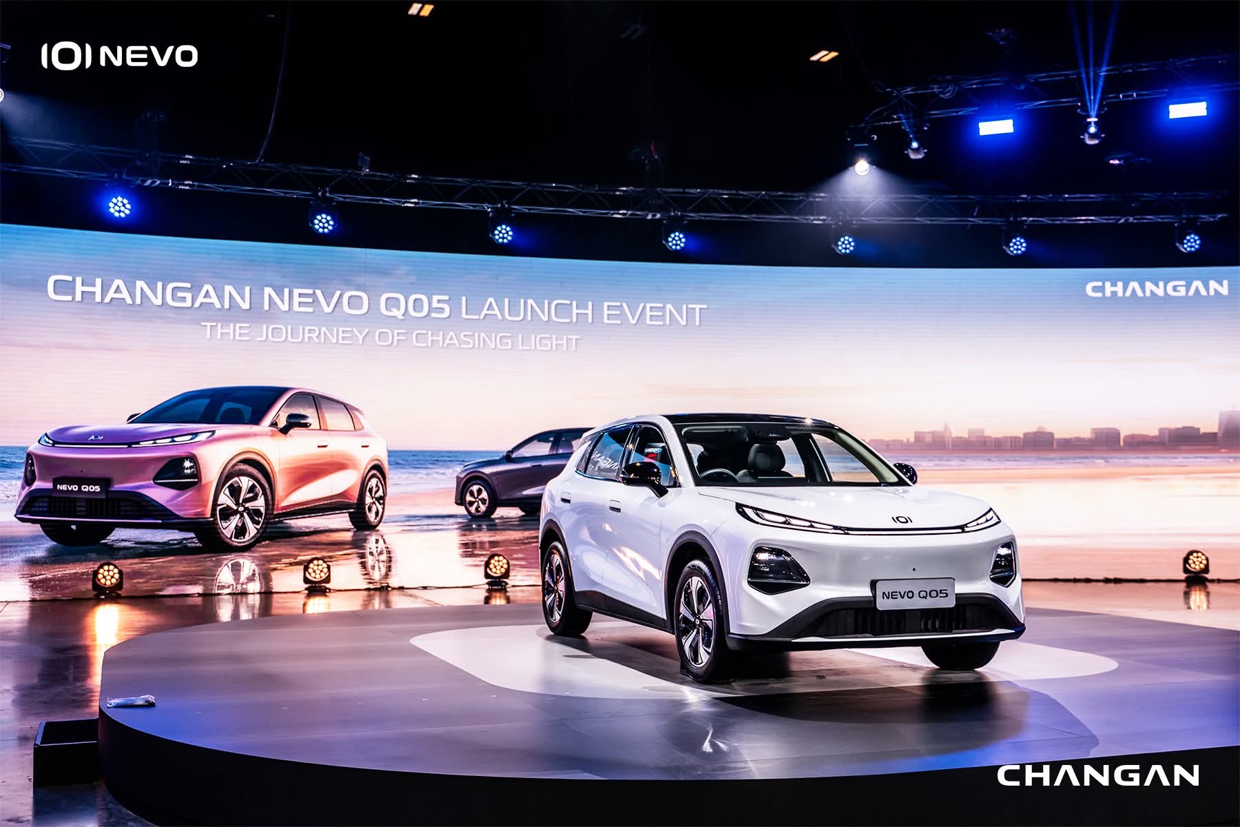 White Changan NEVO Q05 displayed at its 2026 official launch event